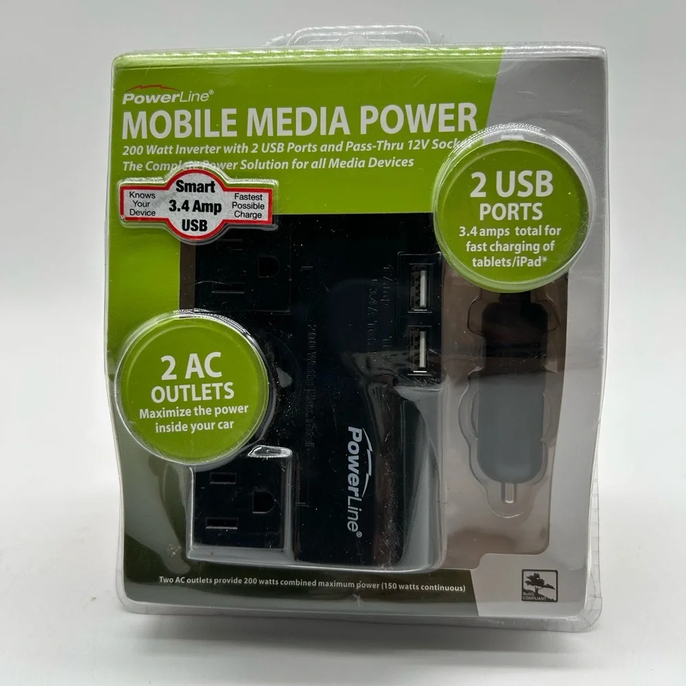 PowerLine Mobile Media Power 200 Watt Inverter with 2 USB Ports & 2 AC Outlets